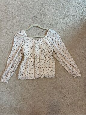 Nordstrom Cream Smocked Peasant Blouse with Red Floral Print